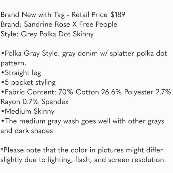 Free People x Sandrine Rose Polka Grey Stretchy Skinny Jeans Women's Size 26 - Picture 8 of 8